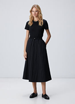 Siyah Beli Büzgülü Lastikli Diz Altı Etek