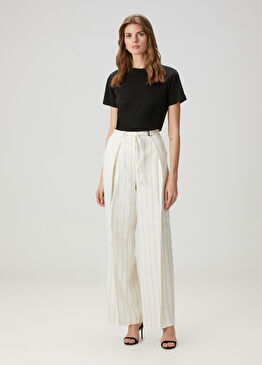 Tiana Krem Çizgili Keten Pantolon