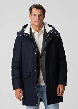 Lacivert Kapüşonlu Kazayağı Desenli Yün Kaban