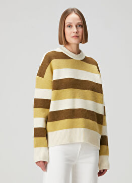 Kahve Beyaz Çizgili Yün Triko