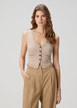 Kahverengi Çizgili Kaşmir Triko Yelek