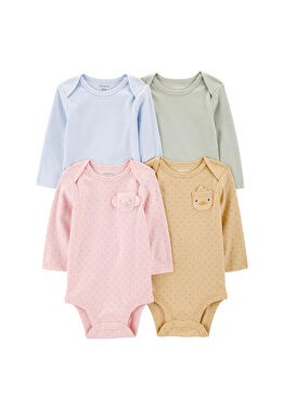 Renkli Pamuklu Çıtçıtlı Uzun Kollu Kız Bebek 4'lü Body Seti