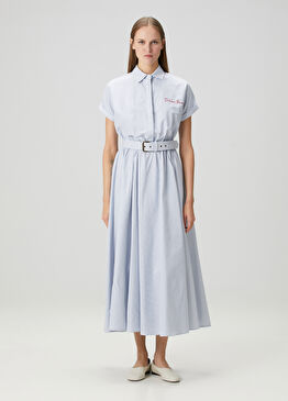 Suzan Mavi Çizgili Midi Gömlek Elbise