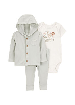 Yeşil Kapüşonlu Hırka Pantolon ve Beyaz Çıtçıtlı Body Erkek Bebek 3'lü Set