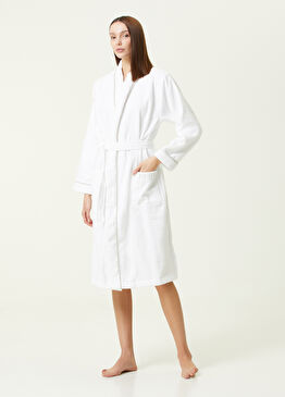 Bej Beyaz Biye Detaylı Bornoz