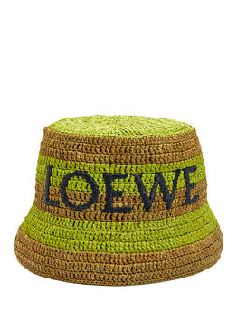 Yeşil Bej Kadın Rafya Bucket Şapka