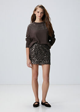 Kahverengi Midi Payetli Etek