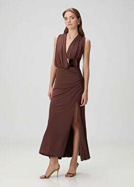 Lucille Kahverengi Payetli Maksi Abiye Elbise