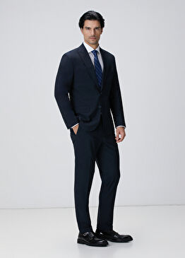 Slim Fit Lacivert Çizgili Piklapel Yaka Takım