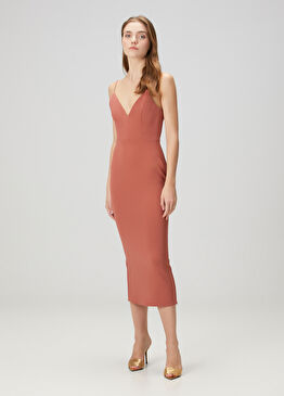 Pembe Krem Midi Krep Abiye Elbise