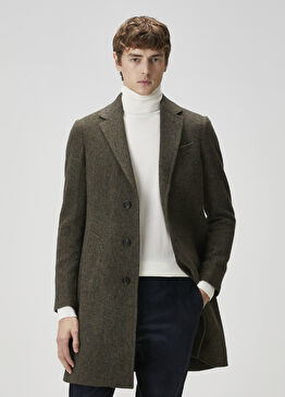 Yeşil Balıksırtı Desenli Yün Palto