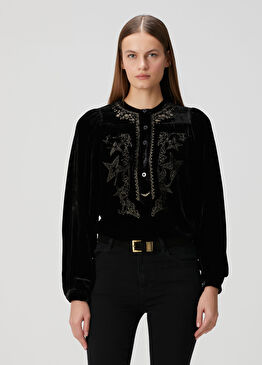 Tigy Siyah Nakışlı Kadife Gömlek