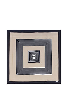 Bej Çizgili Logo Detaylı İpek Eşarp