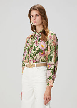 Krem Çiçekli İpek Gömlek