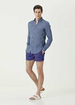 Lacivert Beli Kordonlu Çini Desenli Keten Şort