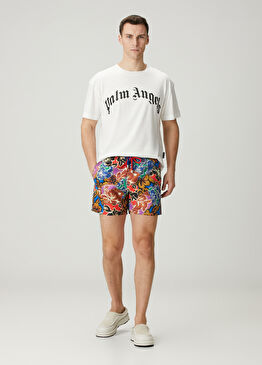 Mavi Kırmızı Beli Kordonlu Desenli Mayo