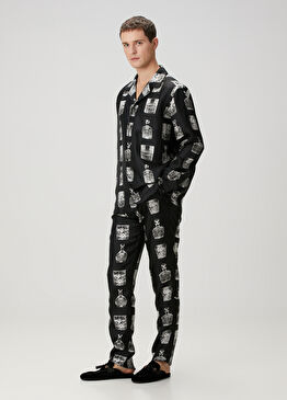 Siyah Figür Desenli İpek Pantolon