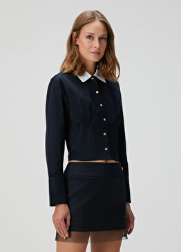 Lacivert Gold Düğmeli Crop Poplin Gömlek