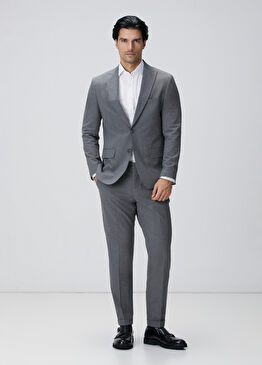 Slim Fit Açık Gri Çizgili Piklapel Yaka Takım