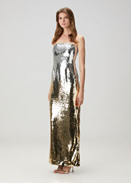 Sheeba Silver Gold Payetli Maksi Abiye Elbise