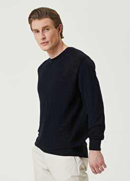 Lacivert Geometrik Jakarlı Yün Kazak