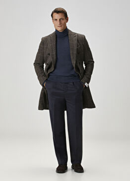 Kahverengi Ekose Desenli Yün Palto