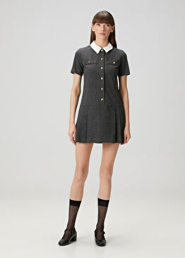 Lenora Gri Kahverengi Ekoseli Mini Elbise