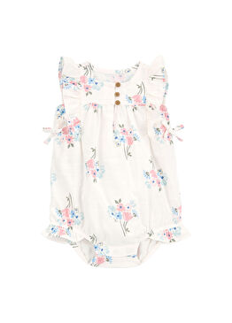 Ekru Çiçekli Fırfır Kollu Kız Bebek Kısa Tulum