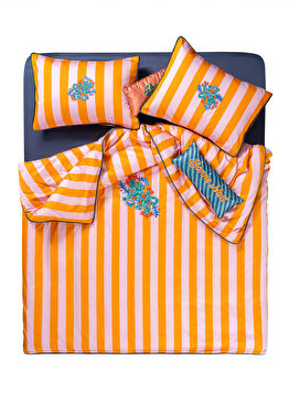 Lahor Turuncu/Pembe Pamuk Nakışlı Saten Nevresim Seti