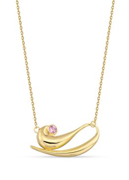 Pink Quartz Swan 925 Ayar Gümüş Üzeri 24 Ayar Altın Kaplama Kadın Kolye