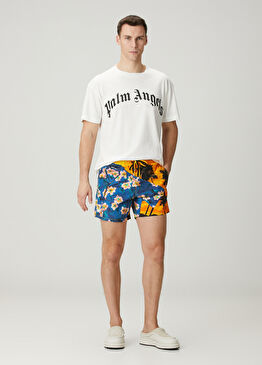 Mavi Sarı Beli Kordonlu Desenli Mayo