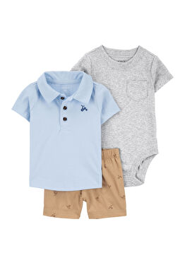 Kısa Kollu T-shirt Zıbın Şort Erkek Bebek 3'lü Set