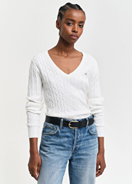 Krem Logolu V Yaka Slim Fit Kadın Kazak