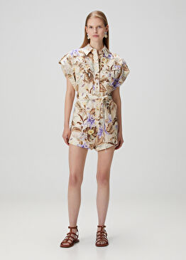 Coco Bej Çiçekli Keten Tulum