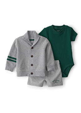Gri Uzun Kollu Hırka + Şort + Kısa Kollu Body Erkek Bebek 3'lü Set