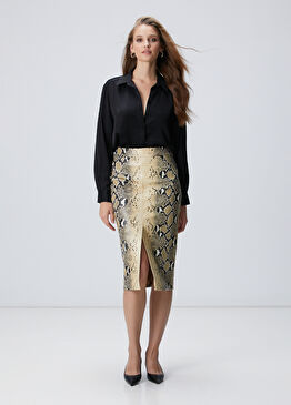 Haki Desenli Suni Deri Midi Etek