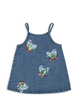 Mavi Payet İşlemeli Kız Çocuk Organik Pamuk Elbise