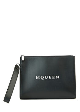 Siyah Logo Baskılı Kadın Deri El Portföyü