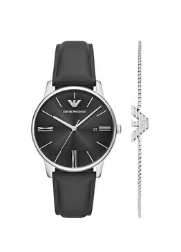 AR80079SET Siyah Deri Erkek Kol Saati ve Bileklik