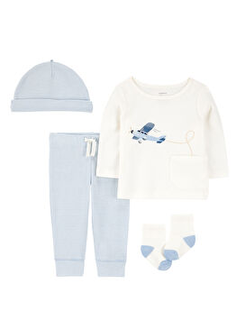 Mavi Uzun Kollu T-shirt Pantolon Şapka ve Çorap Erkek Bebek 4'lü Set
