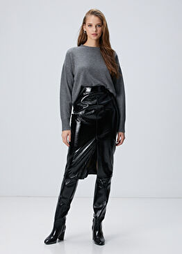 Siyah Vegan Deri Midi Kalem Etek