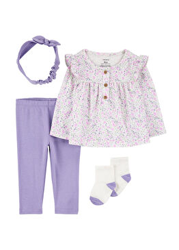 Mor Uzun Kollu Bluz Pantolon Bandana ve Çorap Kız Bebek 3'lü Set