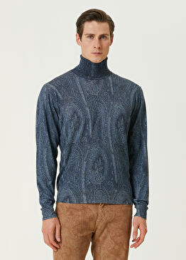 Mavi Balıkçı Yaka Etnik Desenli İpek Kazak