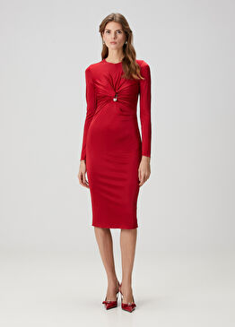 Kırmızı Medusa Aksesuarlı Midi Elbise