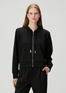 Siyah Kapüşonlu Fermuarlı Sweatshirt