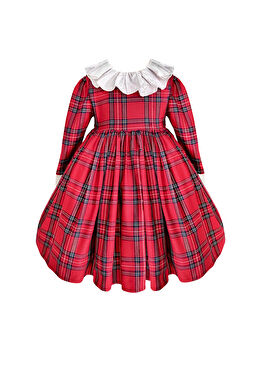 Kırmızı Ekose Yaka Detaylı Kız Çocuk Elbise