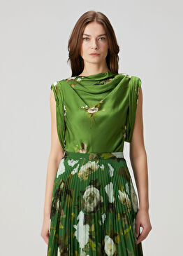 Yeşil Çiçekli Drapeli Bluz