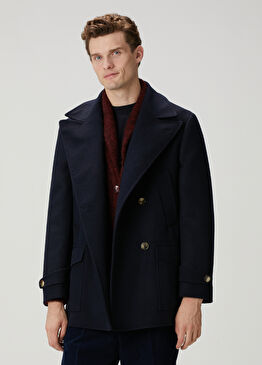 Lacivert Kruvaze Yün Kaban