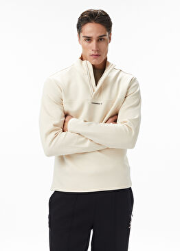 Krem Yarım Fermuarlı Erkek Sweatshirt