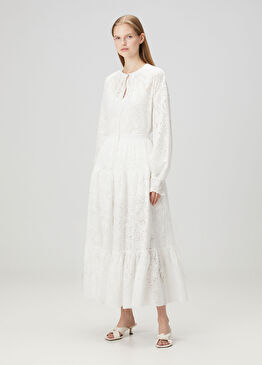 Ekru Nakışlı Maksi Etek